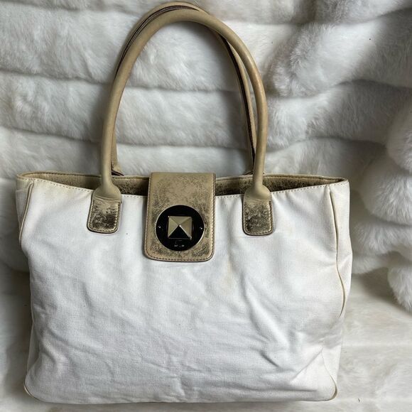 Vintage Kate spade beige canvas and faded gold trims shoulder bag. - Picture 1 of 12